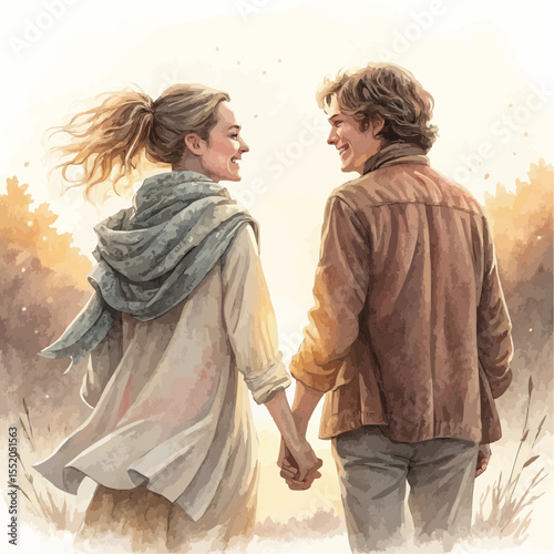 Realistic vector of two people holding hands in warm pastel light, gentle smiles, emotional support and harmony in watercolor and charcoal textures.