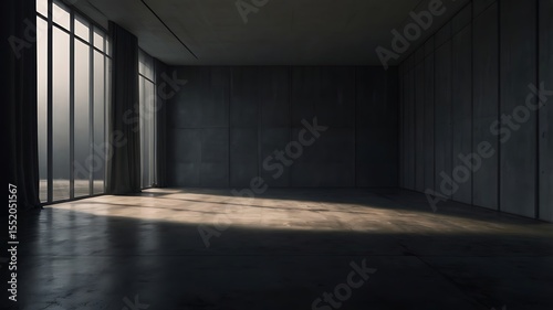A stark, empty room bathed in sunlight streaming through large windows.