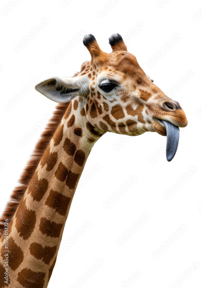 Obraz premium An adult giraffe in close-up profile view, showcasing its majestic head and long neck, with an expressive eye and a comically extended dark blue-grey tongue, isolated against a transparent studio