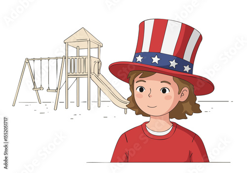 A smiling child wears a patriotic hat and stands before a playground. A stylized illustration evokes American pride and childhood joy. Suitable for patriotic themes and family imagery.