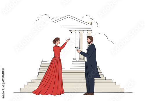 Elegant couple admires the Declaration of Independence symbolizing liberty and freedom woman in a red gown gestures towards the monument while a man reads a tablet Classic formal and inspiring
