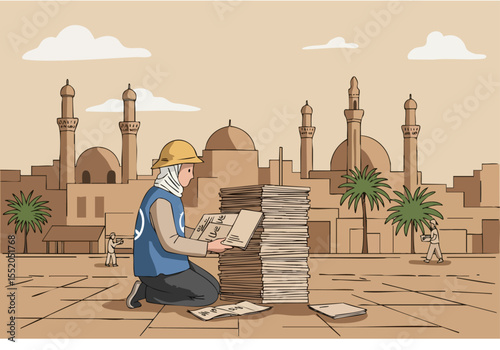 construction worker distributes peace pamphlets amidst historic mosques and palm trees A vibrant scene showcasing global unity and peaceful dialogue Clear composition warm tones