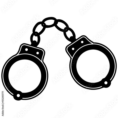 Black and White Handcuffs with Chain Illustration on a White Background