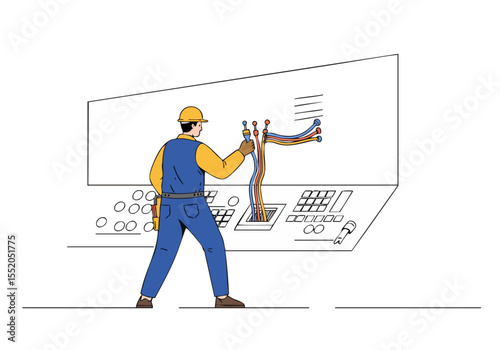 An electrician works on electrical wiring in a control panel. A professional man in safety gear connects cables. Clear, detailed illustration.