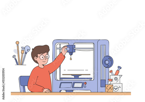 A young man enthusiastically operates a 3D printer in a maker space. He?s focused and engaged, highlighting creativity and innovation. Bright, modern workspace.