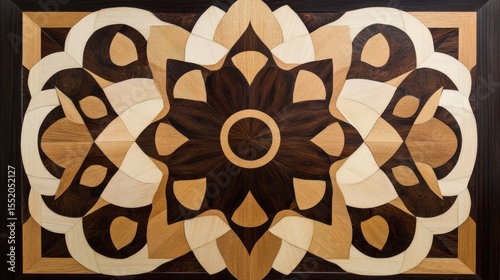 A decorative marquetry panel with an intricate geometric design, highlighting light and dark wood contrasts