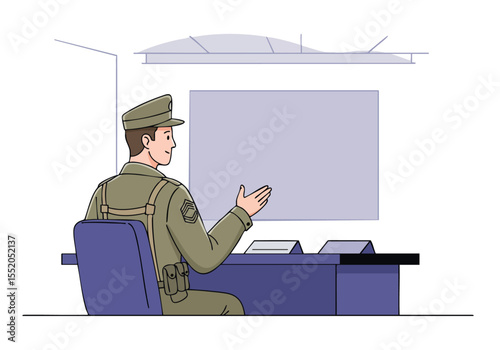 A military officer sits at a desk, gesturing towards a screen. Professional, focused, and detailed illustration. Suitable for business and authority themes.