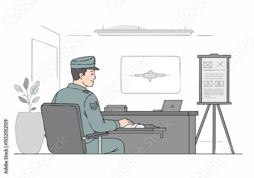 A military officer works diligently at his desk in a modern office. Focused and professional, he reviews documents on a laptop. Clean, minimalist setting.