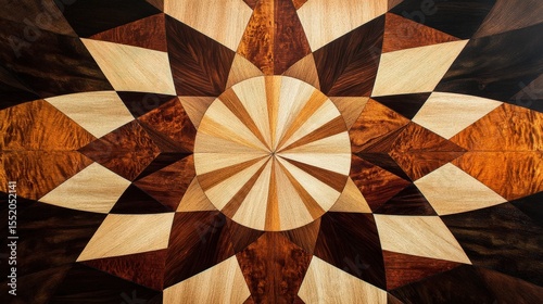 A decorative marquetry panel with an intricate geometric design, highlighting light and dark wood contrasts