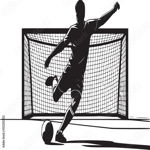Silhouette of a soccer player kicking a ball in front of a goal on a white background art