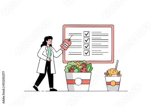 A female professional examines healthy food items with a tag, showcasing a healthy lifestyle concept. Modern illustration style.