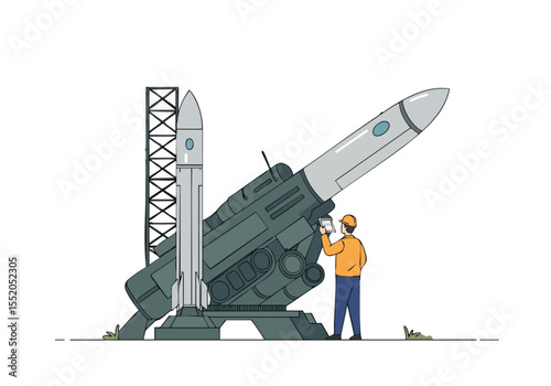 A technician inspects a rocket on a launchpad. Detailed illustration, modern style, showcasing engineering and technology. Suitable for business and science themes.
