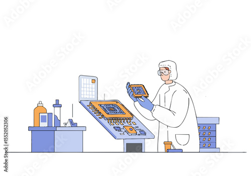 A technician meticulously examines a microchip in a laboratory setting. Focused, professional, and detailed, this image showcases technology and innovation.