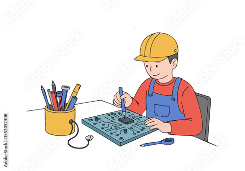 A young technician meticulously works on a circuit board, showcasing detailed soldering skills. Focused, professional, and utilizing tools. Clear, bright workspace.