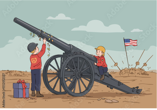 Two young boys decorate a vintage cannon with Christmas lights against a rural backdrop. A patriotic flag stands nearby. Festive and charming illustration.