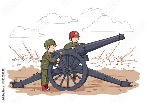 Two young soldiers operate a cannon during a military exercise. Dynamic action shot with explosions and a patriotic backdrop. Suitable for historical, military, or patriotic themes.