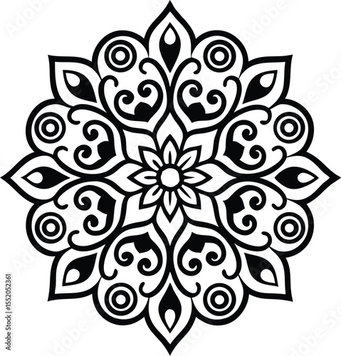 ornamental geometric mandala with floral symmetry in black and teal for decorative use

