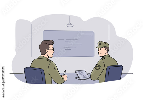 Two military officers discuss a plan in a meeting room. Focused conversation, professional setting, clear composition. Suitable for business and leadership themes.