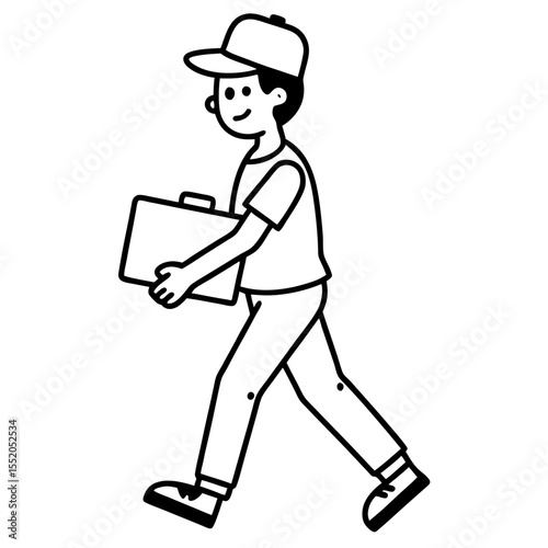 Cartoon delivery man walking with package in hand isolated on white background
