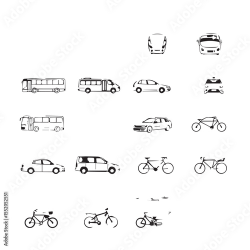 Black and White Line Art Illustration of Various Modes of Transportation This