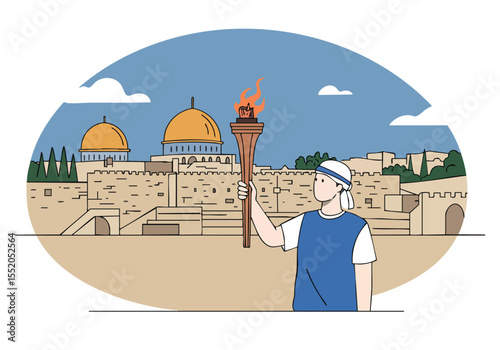 A volunteer carries a peace torch towards Jerusalem's Old City, symbolizing hope and unity. A vibrant, optimistic image for peace campaigns and global initiatives.
