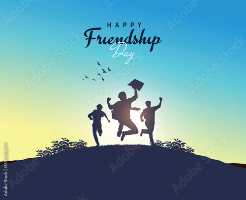 Happy Friendship Day concept vector illustration. Greeting card, back view of the friends' group. Abstract vector illustration.