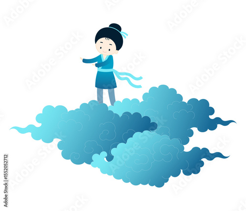 Qixi Festival, Tanabata cowherd, Hikoboshi on fluffy clouds kawaii character illustration, isolated vector. Hand drawn cute flat design. Traditional Chinese, Japanese holiday clip art element