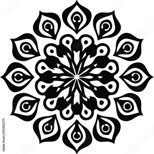 ornamental geometric mandala with floral symmetry in black and teal for decorative use

