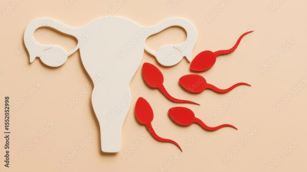 Sperm approaching human uterus and ovaries on pastel background representing fertilization, reproductive system, and conception process