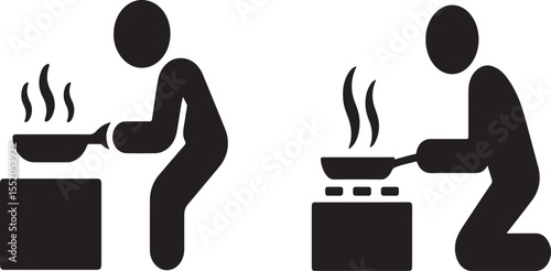 Black and white pictogram illustration representing a person cooking food with a frying pan.