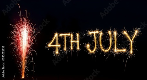 Happy 4th of July celebration banner with sparkling text written with sparklers and a red firework fountain erupting against a dark night sky for Independence Day.