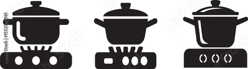 Black and white illustration of cooking pots on stoves representing culinary activities and kitchenware
