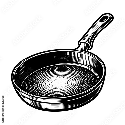 Frying pan sketch engraving black and white outline. Scratch board imitation.