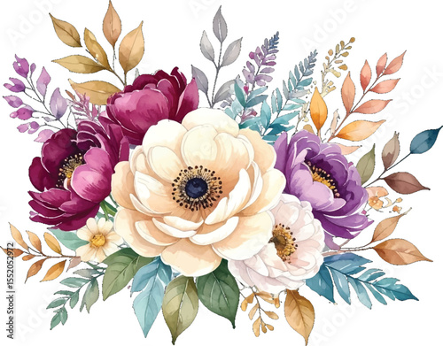 Soft watercolor florals for invitations and decor. Floral watercolor design with purple & pink blooms. Spring-inspired watercolor floral bouquet. Colorful watercolor flower bouquet for design projects