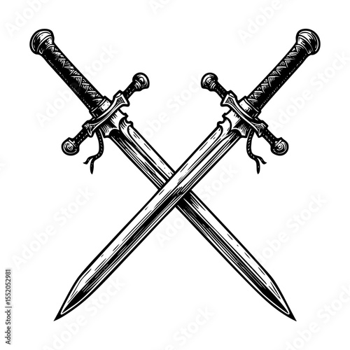 two swords crossed sketch engraving black and white outline. Scratch board imitation.