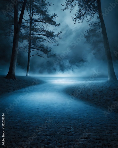 A serene, misty landscape featuring a winding path leading towards a body of water.
