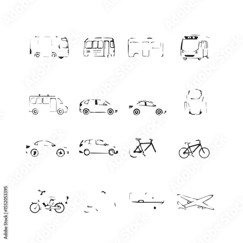 Black and White Line Art Illustration of Various Modes of Transportation on a White Background