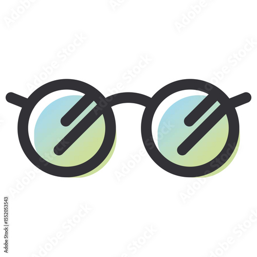 Illustration of round glasses with thick black frames and gradient lenses in blue and green color