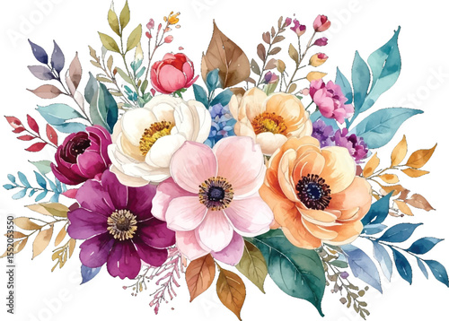 Vibrant watercolor floral illustration with blossoms. Watercolor floral bouquet with modern design elements. Stunning watercolor flowers. Soft pastel watercolor flowers in a floral composition