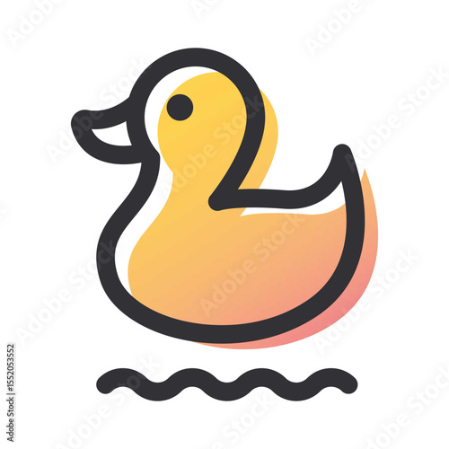 Illustration of a yellow rubber duck with black outlines floating on wavy water design icon