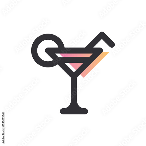 Illustration of a cocktail glass with a straw and a lemon slice on the side in a minimalist style