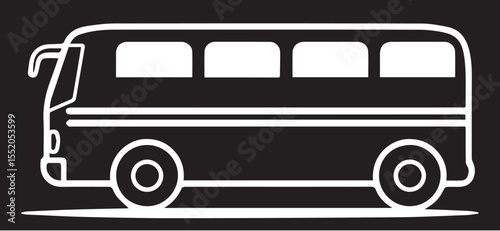 A side profile outline of a bus with prominent windows and wheels, set against a dark background, depicting public transport or travel.