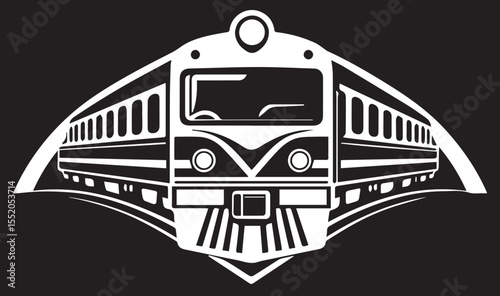 
A white stylized train icon on a black background, seen from the front with cars extending dynamically to the sides, conveying movement and transportation.