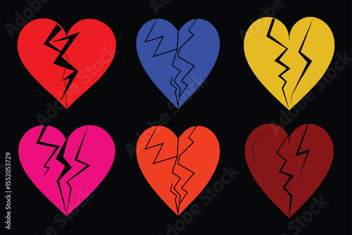 Six colorful broken hearts with black cracks on a black background.