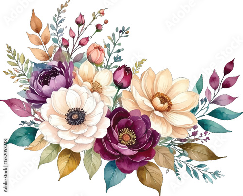 Floral design featuring purple and white watercolor blooms. Hand-painted watercolor flowers bouquet. Beautiful watercolor flowers and leaves arrangement. Modern vector floral art in pastel shades