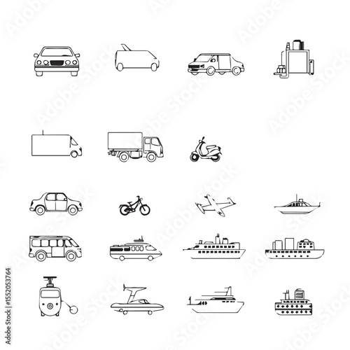 Collection of Vehicle Icons Cars Trucks Boats Planes and More in Black and White