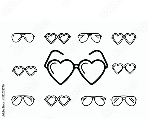 Collection of black line art icons of heart shaped and aviator sunglasses.