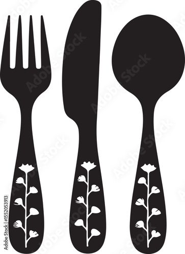 Elegant black cutlery set featuring floral detail fork knife and spoon silhouettes