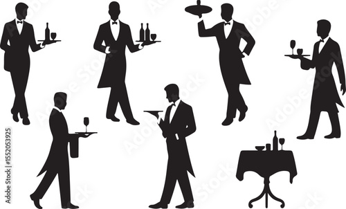 Elegant silhouette illustrations of butlers serving food and drinks in fine dining settings