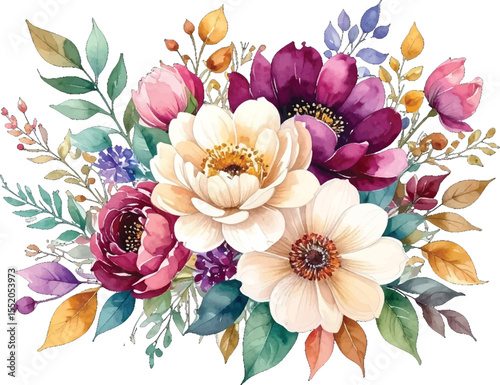 Watercolor floral wreath with colorful blossom. Charming watercolor flowers and leaves. Soft watercolor floral composition with bright bloom. Lovely watercolor floral bouquet with multicolor flowers